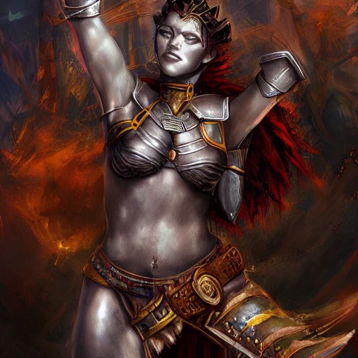 complet warrior woman with armor and fabrics metal in a bed dreaming about a fantasy art world, deep color, 8k ultra