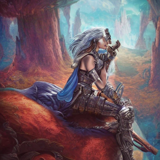 complet warrior woman, with armor in fabrics metal, in a bed, dreaming about a fantasy art wonderworld detailed, deep color, 8k , fantasy art, deep color, digital painting, concept art, 3D