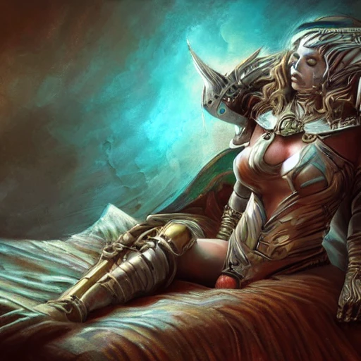 complet warrior woman, with armor in fabrics metal, in a bed, dreaming about a fantasy art wonderworld detailed, deep color, 8k , fantasy art, deep color, digital painting, concept art, , Oil Painting, 3D, Trippy