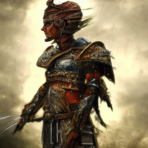 complet portrait of a warrior with armor lots of fabrics metalique, backgroud to a fantasy space cosmique wonderworld detailed, deep color, 8k , fantasy art, deep color, digital painting,