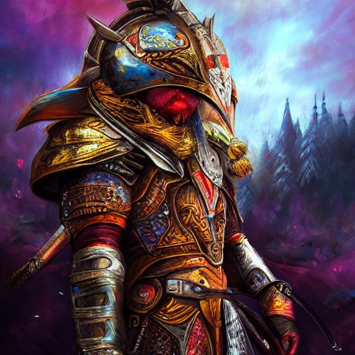 complet portrait of a warrior with armor lots of fabrics metalique standing beind a backgroud fantasy wonderworld detailed with moutains and fallwater, deep color, 8k , fantasy art, deep color, digital painting,, Trippy