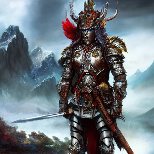 complet portrait of a warrior with armor lots of fabrics metalique standing beind a backgroud fantasy wonderworld detailed with moutains and fallwater, deep color, 8k , fantasy art, deep color, digital painting , 3D