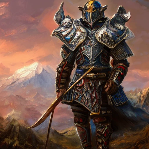 complet portrait of a warrior with armor lots of fabrics metalique standing beind a backgroud fantasy wonderworld detailed with moutains and fallwater, deep color, 8k , fantasy art, deep color, digital painting , Cartoon