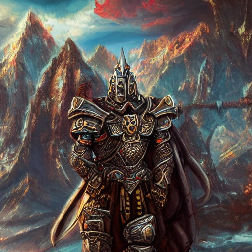 complet man of a warrior with armor lots of fabrics metalique standing beind a backgroud fantasy wonderworld detailed with moutains and fallwater, deep color, 8k , fantasy art, deep color, digital painting , Cartoon