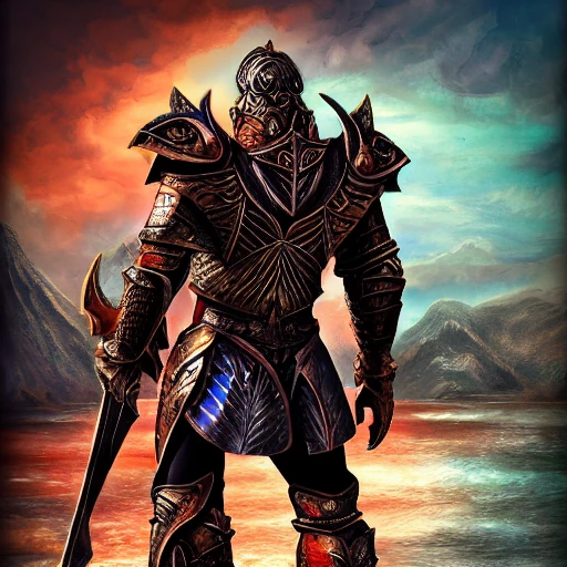 complet man of a warrior with armor lots of fabrics metalique standing beind a backgroud fantasy wonderworld detailed with moutains and fallwater, deep color, 8k , fantasy art, deep color, digital painting, Water Color