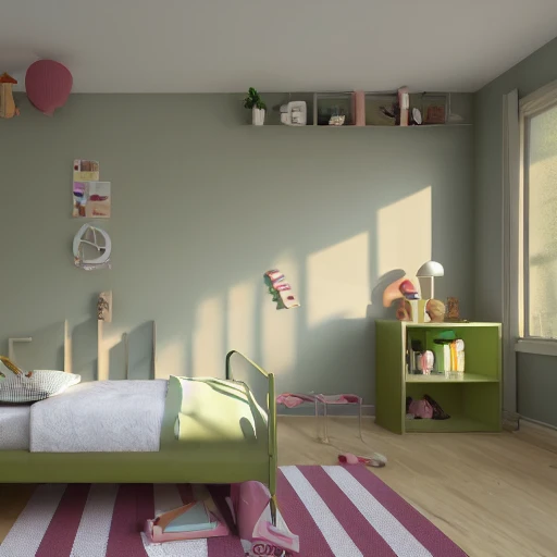 interior design, kids bedroom, neutral colors, olive green, 3d render, digital art, 8k