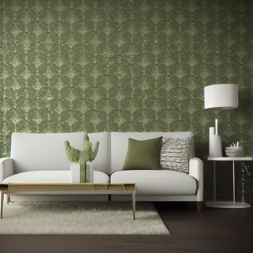 interior design, living room, wallpaper, neutral colors, olive green, 3d render, digital art, 8k