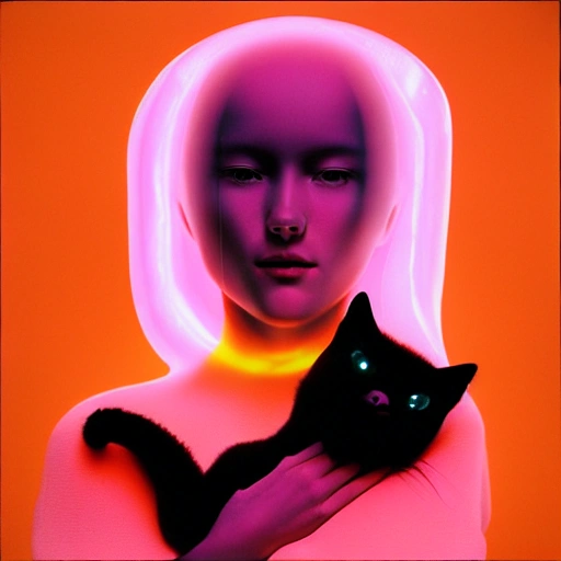 analog album cover of a woman with neon translucent skin holding a cat by shusei nagaoka and tim walker, dreamy lighting, high contrast, hyperrealistic, 3D