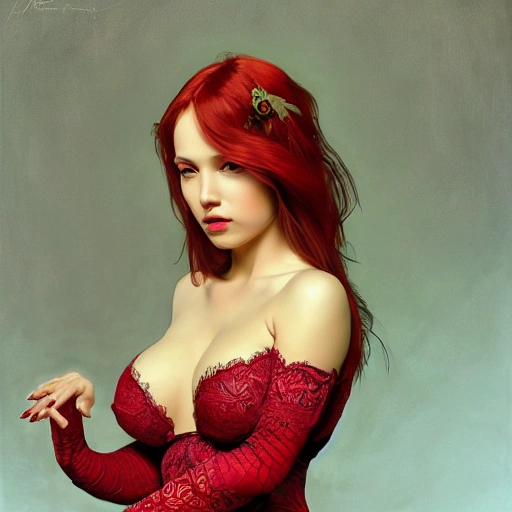 A perfect painting of a sexy woman, perfect face, gorgeous, intricate, enormous breast pops out, red bra with lace, highly detailed, 3d, trending on artstation, intricate, elegant, digital painting, artstation, concept art, smooth, sharp focus, illustration, art by artgerm and greg rutkowski and alphonse mucha, 8k
