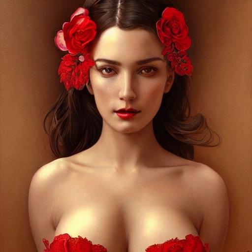 A perfect painting of a sexy woman, perfect face, gorgeous, intricate, enormous breast pops out, red bra with lace, highly detailed, 3d, trending on artstation, intricate, elegant, digital painting, artstation, concept art, smooth, sharp focus, illustration, art by artgerm and greg rutkowski and alphonse mucha, 8k