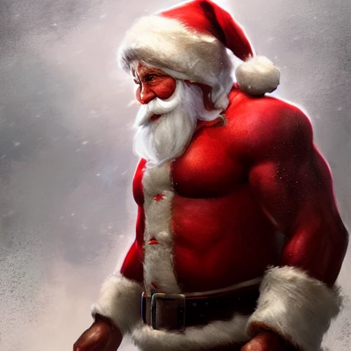 Muscled Santa Claus, hyperrealistic, photographic, 8k, epic ambient light, super detailed, volumetric lighting, trending on artstation, by Greg Rutkowski