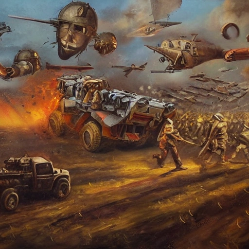 war, mater Piece , Oil Painting, futuristic, armies, fighting