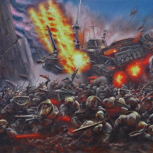 war, mater Piece , Oil Painting, futuristic, armies, fighting, distruction