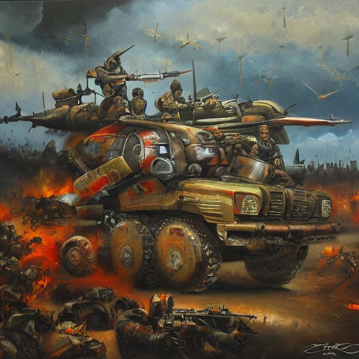 war, mater Piece , Oil Painting, futuristic, armies, fighting, distruction, 3D