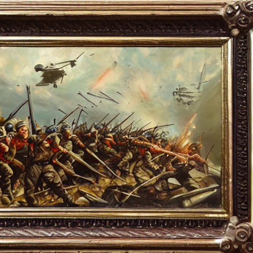 war, mater Piece , Oil Painting, futuristic, armies, fighting, distruction, 3D, russia vs nato
