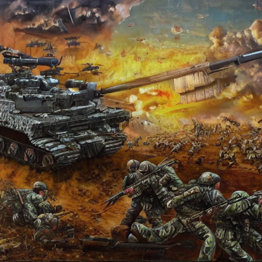 war, mater Piece , Oil Painting, futuristic, armies, fighting, distruction, 3D, russia vs nato
{
"seed": "566741794",
"steps": 75,
"width": 1920,
"height": 1080,
"version": "SD1.4_SH",
"sampler_name": "k_dpm_2",
"guidance_scale": 12
}