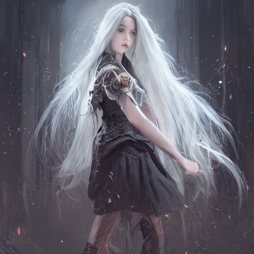 Realistic portrait of a young girl with gray hair, dark fantasy, dark style clothing, long hair, casting a bright large magic steampunk city surrounded by magic dust, very detailed, digital painting, trend artstation, pixiv, concept art , in sharp focus, illustration, art by Ross Tran and Greg Rutkowski and animation by Walt Disney