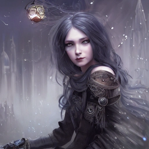 Realistic portrait of a young girl with gray hair, dark fantasy, dark style clothing, long hair, casting a bright large magic steampunk city surrounded by magic dust, very detailed, digital painting, trend artstation, pixiv, concept art , in sharp focus, illustration, art by Ross Tran and Greg Rutkowski and animation by Walt Disney