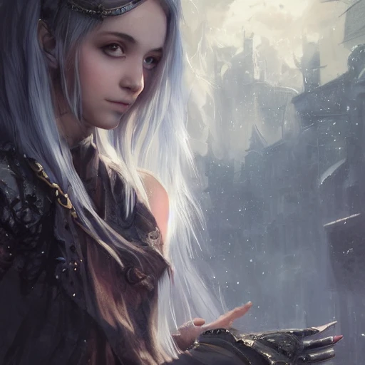 Realistic portrait of a young girl with gray hair, dark fantasy, dark style clothing, long hair, casting a bright large magic steampunk city surrounded by magic dust, very detailed, digital painting, trend artstation, pixiv, concept art , in sharp focus, illustration, art by Ross Tran and Greg Rutkowski and animation by Walt Disney