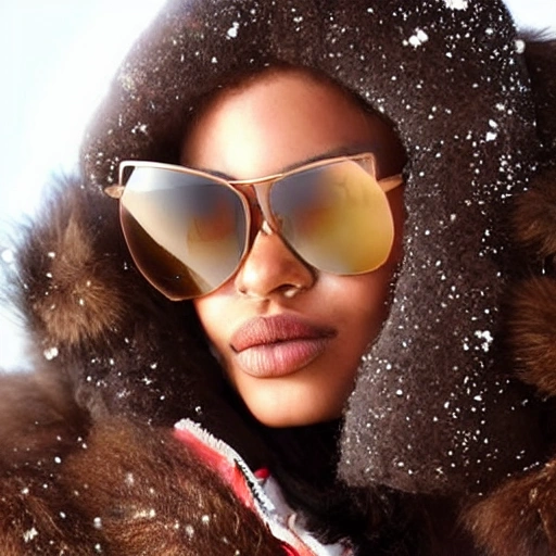 beautiful brown skin in a winter wonderland setting. The sunglasses and hair make it perfect for those who want to keep their face and eyes protected from the cold, while the nose and glasses add a touch of class. The skin is smooth and flawless, while the lip is full and luscious. The outerwear is both stylish and practical, and the eye and eyelash design, 3D, Water Color