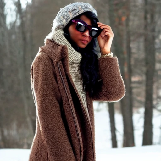 beautiful brown skin in a winter wonderland setting. The sunglasses and hair make it perfect for those who want to keep their face and eyes protected from the cold, while the nose and glasses add a touch of class. The skin is smooth and flawless, while the lip is full and luscious. The outerwear is both stylish and practical, and the eye and eyelash design, 3D, Water Color