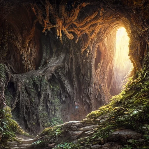 Hyper realistic full length photo of a cave entryway in a root covered cliffside, hewn stairs, torches deep inside, fantasy digital painting, stunning intricate details, artwork by ross tran and greg Rutkowski, 8k, beautiful detailed intricate insanely detailed, cinematic, octane render, shot on IMAX 70mm, high contrast, HDR,