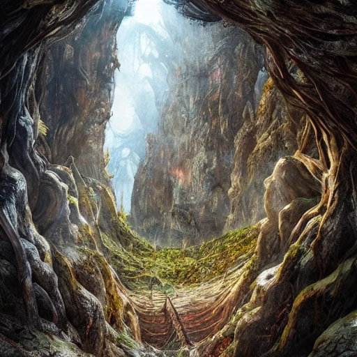 Hyper realistic full length photo of a cave entryway in a root covered cliffside, hewn stairs, torches deep inside, fantasy digital painting, stunning intricate details, artwork by ross tran and greg Rutkowski, 12k, beautiful detailed intricate insanely detailed, cinematic, octane render, shot on IMAX 70mm, high contrast, HDR,