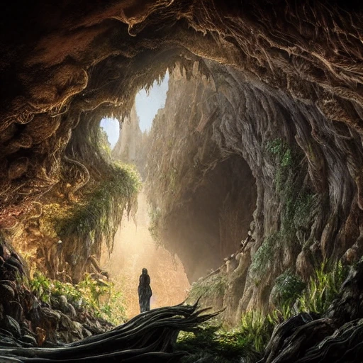 Hyper realistic full-length photo of a cave entryway in a root covered cliffside, hewn stairs, torches deep inside, fantasy digital painting, stunning intricate details, artwork by ross Tran and Greg Rutkowski, 12k, beautiful detailed intricate insanely detailed, cinematic, octane render, shot on IMAX 70mm, high contrast, HDR, steps: 50, width: 512, height: 768, version: SD1.5, sampler name: k_dpm_2, guidance_scale: 10