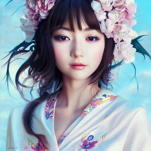  beautiful fashion dreamlke japan girl in ornate headwear, character art, art by artgerm, wlop, loish, ilya kuvshinov, hyperdetailed, 8 k realistic, symmetrical, global illumination, radiant light, , Oil Painting