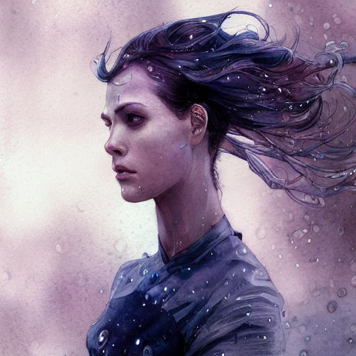  sci-fi character portrait, athletic, fit, focus on face, style, rain, flat light, ultra photo-realistic, intricate, watercolor on paper, masterpiece, expert, insanely detailed, 4k resolution, john William warehouse, Charlie Bowater, Agnes Cecile, Mucha, Gabriel Ferrier, composition, framing