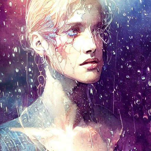  sci-fi character portrait, athletic, fit, focus on face, style, rain, flat light, ultra photo-realistic, intricate, watercolor on paper, masterpiece, expert, insanely detailed, 4k resolution, john William warehouse, Charlie Bowater, Agnes Cecile, Mucha, Gabriel Ferrier, composition, framing
