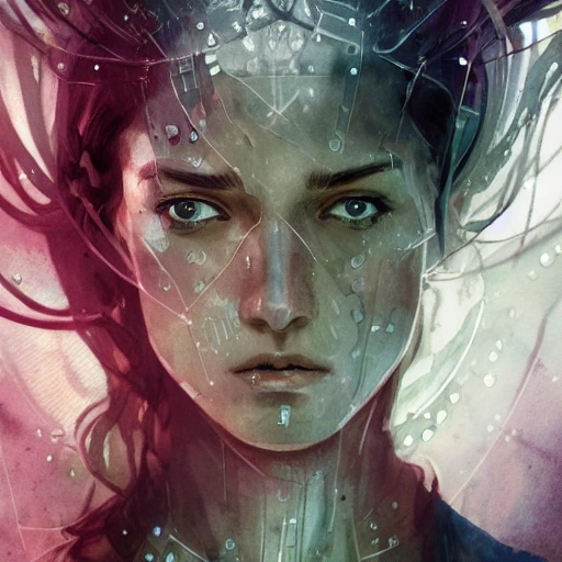  sci-fi character portrait, athletic, fit, focus on face, style, rain, flat light, ultra photo-realistic, intricate, watercolor on paper, masterpiece, expert, insanely detailed, 4k resolution, john William warehouse, Charlie Bowater, Agnes Cecile, Mucha, Gabriel Ferrier, composition, framing