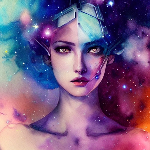  sci-fi galaxy princess in space station, portrait, athletic, focus on face, style, flat light, ultra photo-realistic, intricate, watercolor on paper, masterpiece, expert, insanely detailed, 4k resolution, john William warehouse, Charlie Bowater, Agnes Cecile, Mucha, Gabriel Ferrier, composition