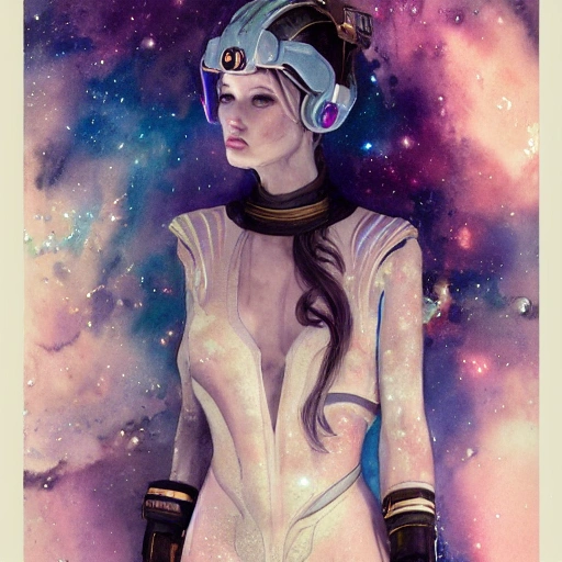  sci-fi galaxy princess in space station, portrait, ornate clothes, elegant,  athletic, focus on face, style, flat light, ultra photo-realistic, intricate, watercolor on paper, masterpiece, expert, insanely detailed, 4k resolution, john William warehouse, Charlie Bowater, Agnes Cecile, Mucha, Gabriel Ferrier, composition