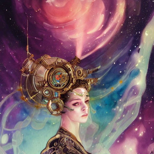 sci-fi galaxy princess in space station, portrait, ornate clothes, elegant,  athletic, focus on face, style, flat light, ultra photo-realistic, intricate, watercolor on paper, masterpiece, expert, insanely detailed, 4k resolution, john William warehouse, Charlie Bowater, Agnes Cecile, Mucha, Gabriel Ferrier, composition