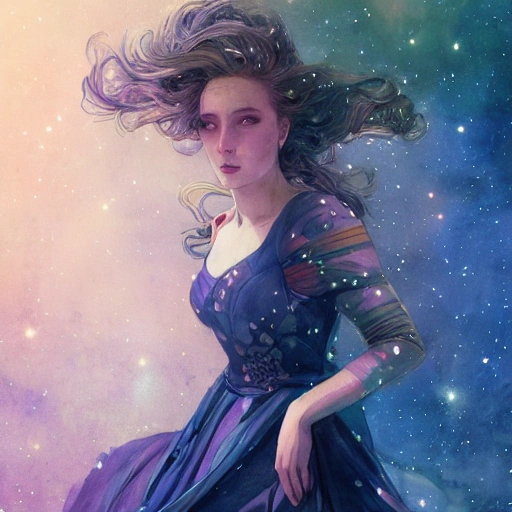  sci-fi princess in galaxy station, portrait, ornate dress, elegant,  athletic, focus on face, fantasy, flat light, ultra photo-realistic, intricate, watercolor on paper, masterpiece, expert, insanely detailed, 4k resolution, john William warehouse, Charlie Bowater, Agnes Cecile, Mucha, Gabriel Ferrier, composition