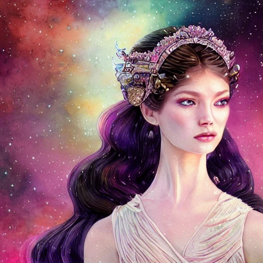  sci-fi beautiful princess in galaxy station, portrait, ornate dress, crystals headwear, elegant,  athletic, focus on face, ultra detailed face,  fantasy, flat light, ultra photo-realistic, intricate, watercolor on paper, masterpiece, expert, insanely detailed, 4k resolution, john William warehouse, Charlie Bowater, Agnes Cecile, Mucha, Gabriel Ferrier, composition