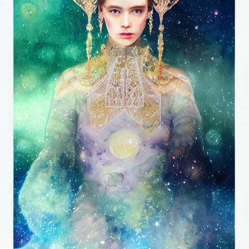  sci-fi beautiful princess in galaxy station, portrait, ornate dress, crystals headwear, elegant,  athletic, focus on face, centered head, ultra detailed face,  fantasy, flat light, ultra photo-realistic, intricate, watercolor on paper, masterpiece, expert, insanely detailed, 4k resolution, john William warehouse, Charlie Bowater, Agnes Cecile, Mucha, Gabriel Ferrier, composition