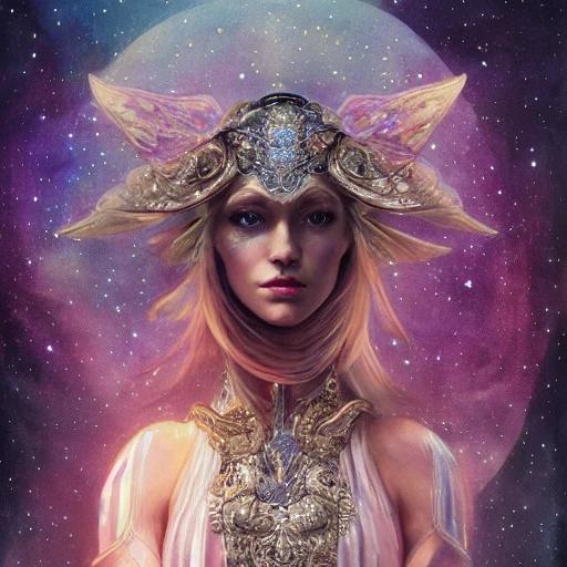  sci-fi beautiful princess in galaxy station, portrait, ornate dress, crystals headwear, elegant,  athletic, focus on face, ultra detailed face,  fantasy, flat light, ultra photo-realistic, intricate, watercolor on paper, masterpiece, expert, insanely detailed, 4k resolution, john William warehouse, Charlie Bowater, Mucha, composition