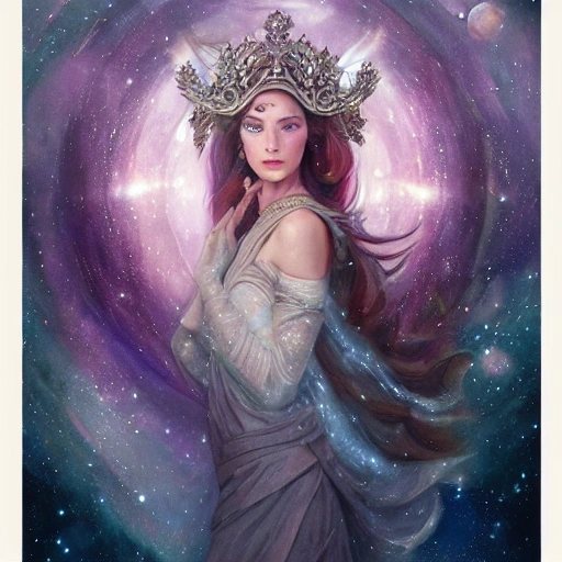  sci-fi beautiful princess in galaxy station, portrait, ornate dress, crystals headwear, elegant,  athletic, focus on face, ultra detailed face,  fantasy, flat light, ultra photo-realistic, intricate, watercolor on paper, masterpiece, expert, insanely detailed, 4k resolution, john William warehouse, Charlie Bowater, Mucha, composition, Cartoon