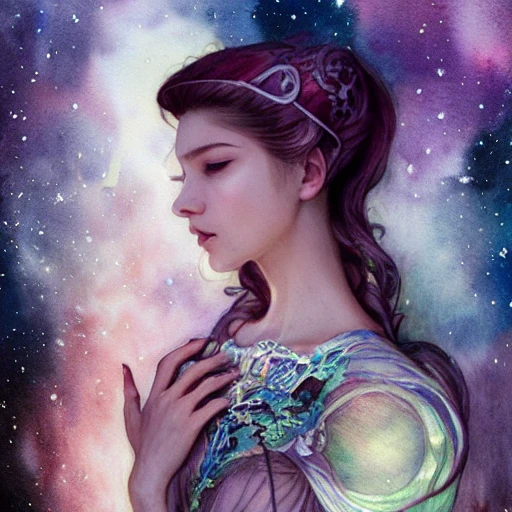  sci-fi princess in galaxy station, portrait, ornate dress, elegant,  athletic, focus on face, fantasy, flat light, ultra photo-realistic, intricate, watercolor on paper, masterpiece, expert, insanely detailed, 4k resolution, john William warehouse, Charlie Bowater, Agnes Cecile, Mucha, Gabriel Ferrier, composition, Oil Painting, Cartoon, 3D