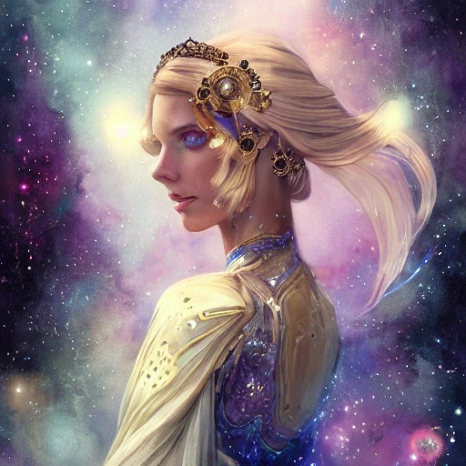  sci-fi beautiful princess in galaxy station, portrait, ornate dress, crystals headwear, elegant,  athletic, focus on face, ultra detailed face,  fantasy, flat light, ultra photo-realistic, intricate, watercolor on paper, masterpiece, expert, insanely detailed, 4k resolution, john William warehouse, Charlie Bowater, Mucha, composition