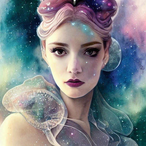  sci-fi beautiful princess in galaxy station, portrait, ornate dress, crystals headwear, elegant, luxury, focus on face, centered head, ultra detailed face,  fantasy, flat light, ultra photo-realistic, intricate, watercolor on paper, masterpiece, expert, insanely detailed, 4k resolution, john William warehouse, Charlie Bowater, Agnes Cecile, Mucha, Gabriel Ferrier, composition