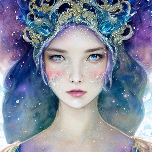 beautiful snow princess in galaxy station, action, ornate dress, crystals headwear, elegant,  athletic, focus on face, centered head, ultra detailed face,  fantasy, flat light, ultra photo-realistic, intricate, watercolor on paper, masterpiece, expert, insanely detailed, 4k resolution, john William warehouse, Charlie Bowater, Agnes Cecile, Mucha, Gabriel Ferrier, composition