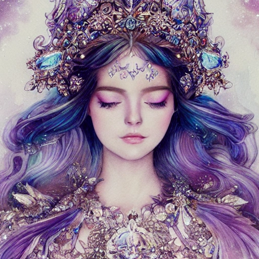 beautiful snow princess in galaxy station, action, ornate dress, crystals headwear, elegant,  athletic, focus on face, centered head, ultra detailed face,  fantasy, flat light, ultra photo-realistic, intricate, watercolor on paper, masterpiece, expert, insanely detailed, 4k resolution, john William warehouse, Charlie Bowater, Agnes Cecile, Mucha, Gabriel Ferrier, composition