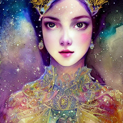 beautiful snow princess in galaxy station, action, ornate dress, crystals headwear, elegant,  athletic, focus on face, centered head, ultra detailed face,  fantasy, flat light, ultra photo-realistic, intricate, watercolor on paper, masterpiece, expert, insanely detailed, 4k resolution, john William warehouse, Charlie Bowater, Agnes Cecile, Mucha, Gabriel Ferrier, composition