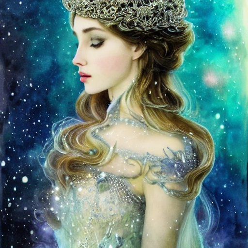 beautiful snow princess in galaxy station, action, ornate dress, crystals headwear, elegant,  athletic, focus on face, centered head, ultra detailed face,  fantasy, flat light, ultra photo-realistic, intricate, watercolor on paper, masterpiece, expert, insanely detailed, 4k resolution, john William warehouse, Charlie Bowater, Agnes Cecile, Mucha, Gabriel Ferrier, composition