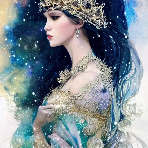 beautiful snow princess in galaxy station, action, ornate dress, crystals headwear, elegant,  athletic, focus on face, centered head, ultra detailed face,  fantasy, flat light, ultra photo-realistic, intricate, watercolor on paper, masterpiece, expert, insanely detailed, 4k resolution, john William warehouse, Charlie Bowater, Agnes Cecile, Mucha, Gabriel Ferrier, composition