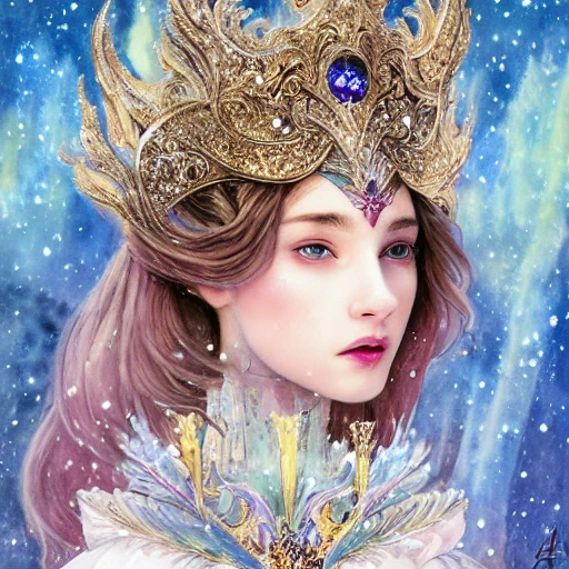 beautiful snow princess in galaxy station, action, ornate dress, crystals headwear, elegant,  athletic, focus on face, centered head, ultra detailed face,  fantasy, flat light, ultra photo-realistic, intricate, watercolor on paper, masterpiece, expert, insanely detailed, 4k resolution, john William warehouse, Charlie Bowater, Agnes Cecile, Mucha, Gabriel Ferrier, composition