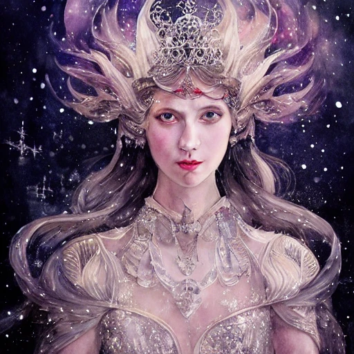 beautiful snow princess in galaxy ship, action, ornate dress, crystals headwear, elegant,  athletic, focus on face, centered head, ultra detailed face,  fantasy, flat light, ultra photo-realistic, intricate, watercolor on paper, masterpiece, insanely detailed, john William warehouse, Charlie Bowater, Agnes Cecile, Mucha, Gabriel Ferrier, composition